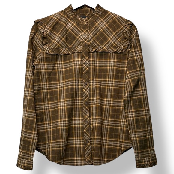 Nili Lotan Womens Plaid Ruffle Yoke Button Down Blouse S Dark Academia Heritage - Picture 2 of 7
